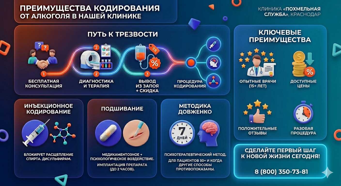 Инфографика о методах кодирования от алкоголя в Ленинске: инъекции, подшивание, метод Довженко. Преимущества клиники и этапы лечения.